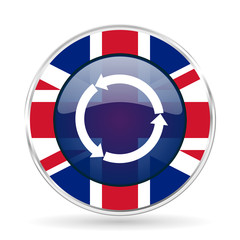 Poster - reblue yellow glossy web british design icon - round silver metallic border button with Great Britain flag