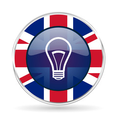 Poster - bulb british design icon - round silver metallic border button with Great Britain flag