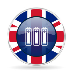 Poster - battery british design icon - round silver metallic border button with Great Britain flag