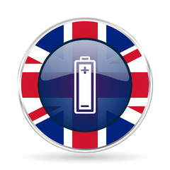 Poster - battery british design icon - round silver metallic border button with Great Britain flag