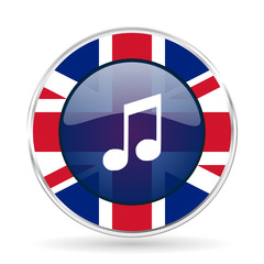 Poster - music british design icon - round silver metallic border button with Great Britain flag