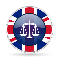 Poster - justice british design icon - round silver metallic border button with Great Britain flag