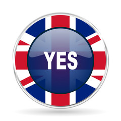 Poster - yes british design icon - round silver metallic border button with Great Britain flag