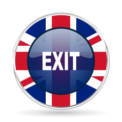 Poster - exit british design icon - round silver metallic border button with Great Britain flag