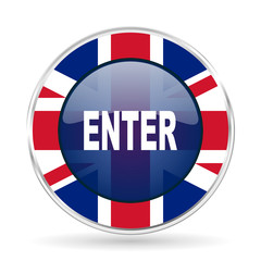 Poster - enter british design icon - round silver metallic border button with Great Britain flag