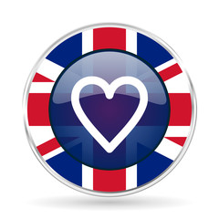 Poster - heart british design icon - round silver metallic border button with Great Britain flag