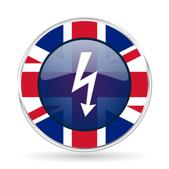 Poster - bolt british design icon - round silver metallic border button with Great Britain flag