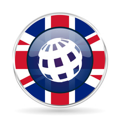 Poster - earth british design icon - round silver metallic border button with Great Britain flag