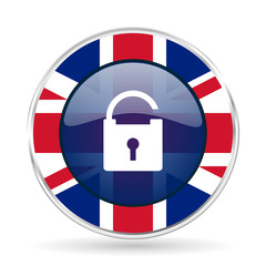 Poster - Padlock british design icon - round silver metallic border button with Great Britain flag