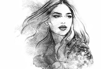 Wall Mural - Beautiful woman portrait. Abstract fashion watercolor illustration