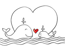 Cute Mother Whale And Baby Whale. Sketchy Style.