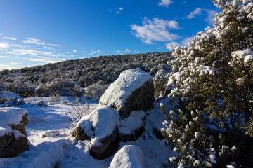 Wall Mural - snowy landscape with blue sky and white clouds