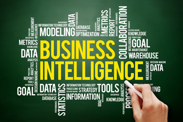 Poster - business intelligence word cloud, business concept on blackboard