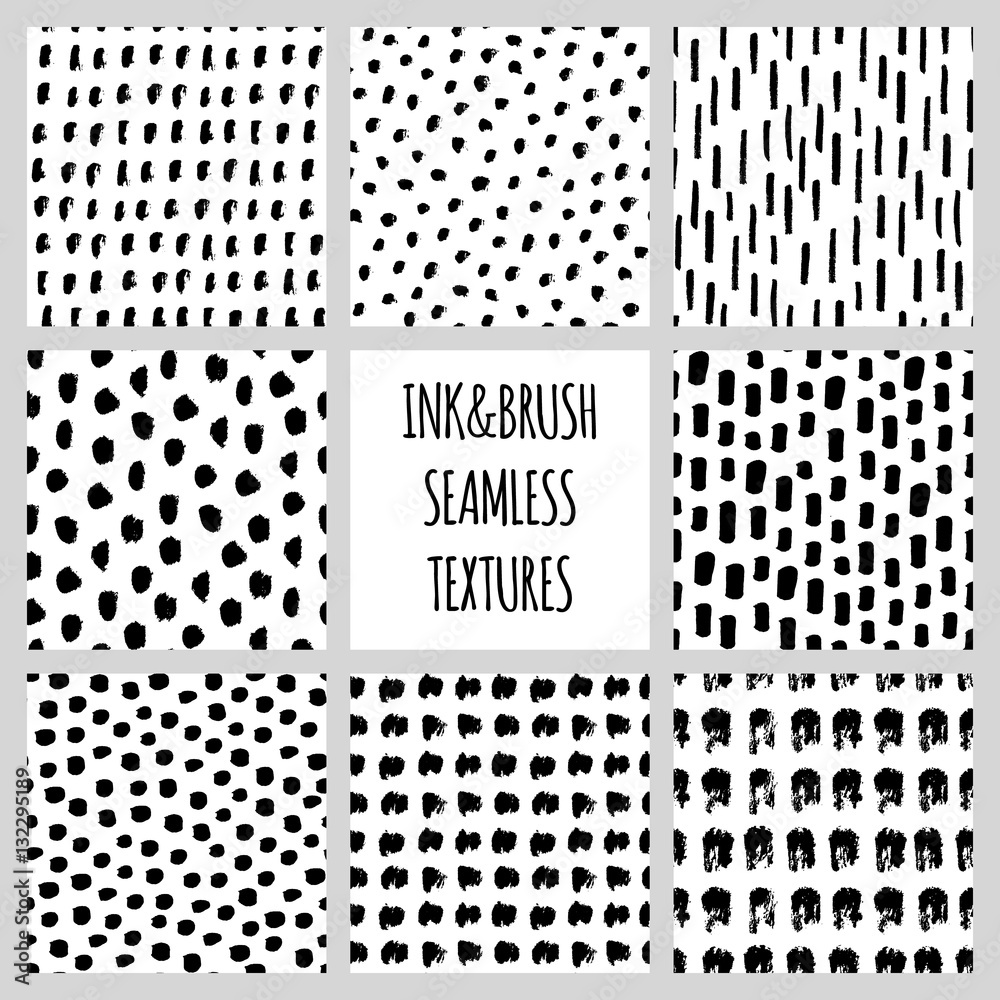 Set of eight seamless black and white vector free hand doodle textures ...