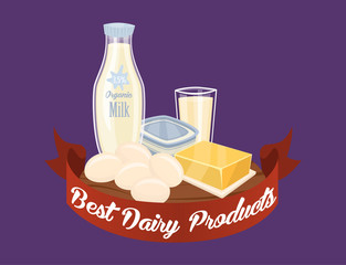 Wall Mural - Farm products banner with dairy composition on perpl background, vector illustration. Best dairy concept with butter, eggs, milk, cheese, kefir. Organic farming. Natural and healthy food.