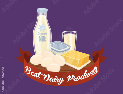 Farm Products Banner With Dairy Composition On Perpl Background