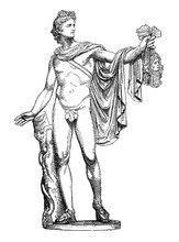 Ancient Roman Marble Sculpture Apollo Of The Belvedere, Now In Vatican Museum, Vintage Engraving