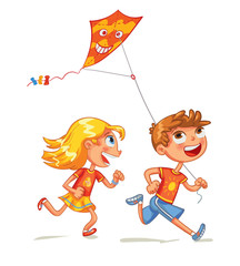 Wall Mural - Children flying a kite. Funny cartoon character