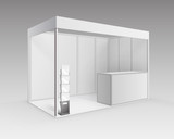 Fototapeta  - Vector White Blank Indoor Trade exhibition Booth Standard Stand for Presentation with Counter Booklet Brochure Holder in Perspective Isolated on Background