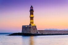 Venetian Lighthouse In Chania At Purple Sunrise, Crete, Greece