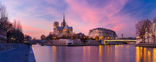 Picturesque Grandiose Sunset Over Cathedral Of Notre Dame De Paris, France. Panorama