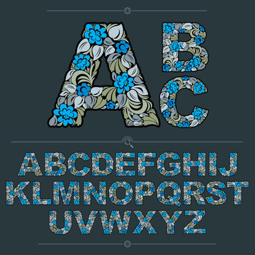 Floral alphabet sans serif letters drawn using abstract vintage