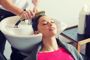 Poster - happy young woman at hair salon