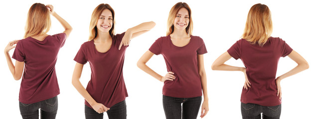 Poster - Different views of young woman wearing t-shirt on white background