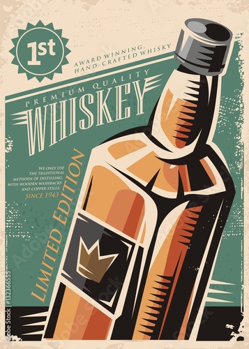 Plakat na zamówienie Whiskey retro vector poster design with whisky bottle on old paper background