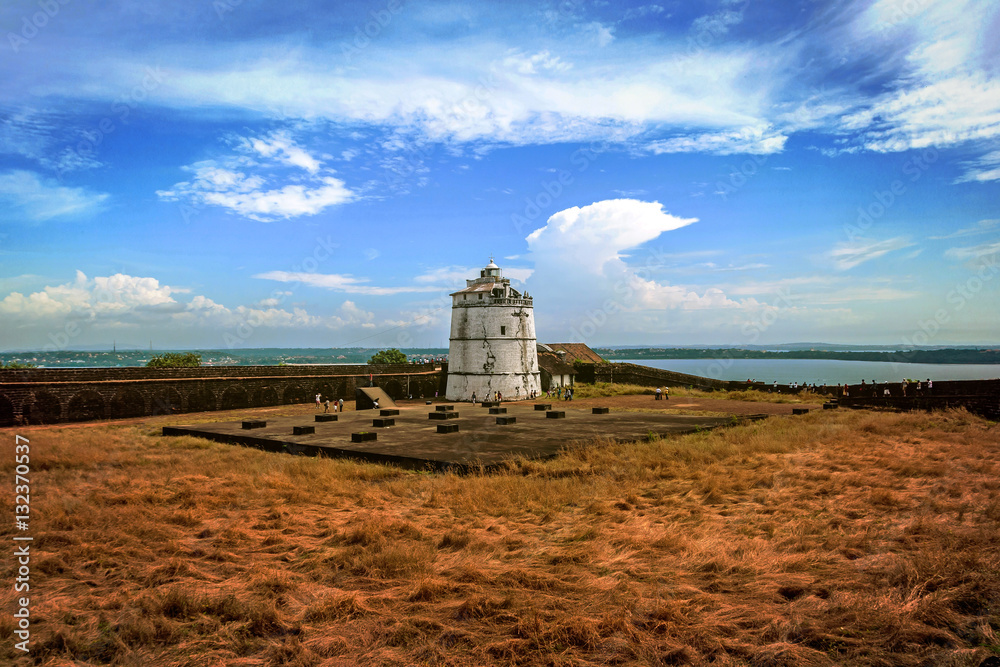 Portuguese fort Aguada. Goa, Candolim. India. Ancient fort and lighthouse built in the 17th century at Goa. - obrazy, fototapety, plakaty 