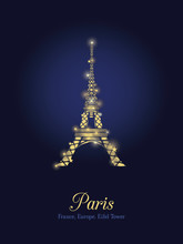 Vector Golden Glowing Eiffel Tower In Paris Silhouette At Night. Paris. French Landmark On Dark Blue Background.