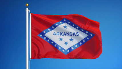 Arkansas (U.S. state) flag waving against clear blue sky, close up, isolated with clipping path mask alpha channel transparency, perfect for film, news, composition