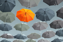 Concept Of Identity, Character, Personality And Color. Bright Orange Outstanding  Umbrella Hanging Among Gray Colorless Umbrellas. 