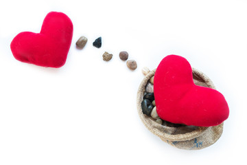 Two red pillow hearts, stones line present as sending, for Valentine day, happy New Year celebration, the meaning of love, warm feeling by sending the messages to someone the best wishes, and love