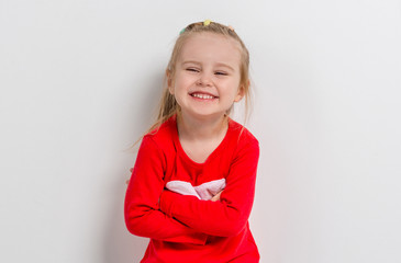 Sticker - cute laughing girl in red sweater