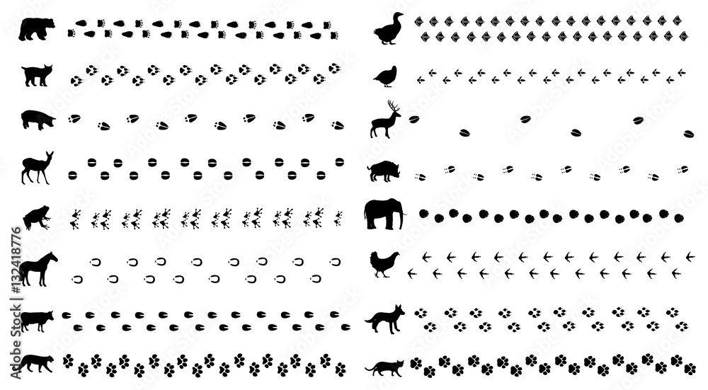 © PixlMakr - Verschiedene Tierspuren, Pfoten mit Tiersilhouetten Verschiedene Tierspuren, Pfoten mit Tiersilhouetten