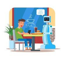 Vector Illustration Of Robot Waiter Serving Cola, Hamburger To Visitor