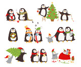 Fototapeta Pokój dzieciecy - Set of merry Сhristmas Penguins. Vector illustration.
