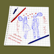 Love Story - A sudden meeting. Vector illustration of a love at first sight. The drawing a red and blue ballpoint pen on squared paper - Man and woman flirting