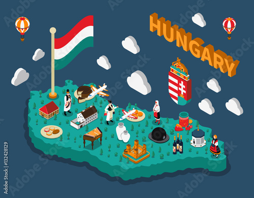 Cuadros en Lienzo Hungary Isometric Touristic Map