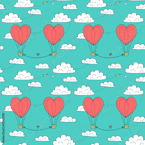 Cotton fabric Valentines day seamless pattern with couple flying in the sky heart shaped balloons. Vector hand drawn illustration in minimalistic style, made with ink outlines
