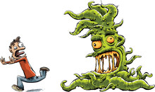 A Cartoon Man Screaming And Running Away From A Giant, Green Tentacle Monster.