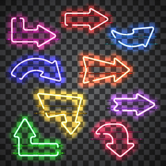 Wall Mural - set of glowing neon arrows of different colors isolated on transparent background. shining and glowi