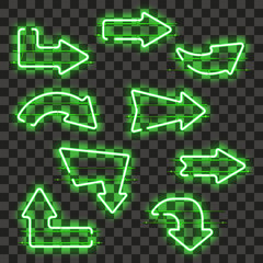 Wall Mural - set of glowing green neon arrows isolated on transparent background. shining and glowing neon effect