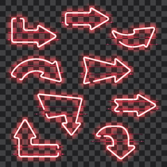 Wall Mural - set of glowing pink neon arrows isolated on transparent background. shining and glowing neon effect.