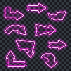 Wall Mural - set of glowing purple neon arrows isolated on transparent background. shining and glowing neon effec