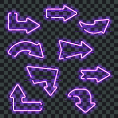 Wall Mural - set of glowing purple neon arrows isolated on transparent background. shining and glowing neon effec