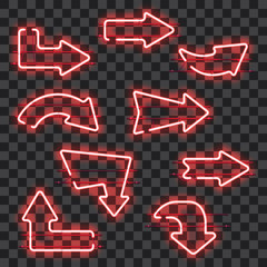 Wall Mural - set of glowing red neon arrows isolated on transparent background. shining and glowing neon effect. 