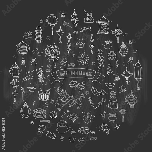 Free vector Hand drawn doodle Happy Chinese New Year icons set. Vector illustration. Asian lunar festival