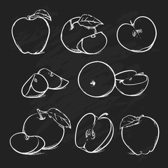 Wall Mural - Apple with leaf and slice on a black background, Vector clip art